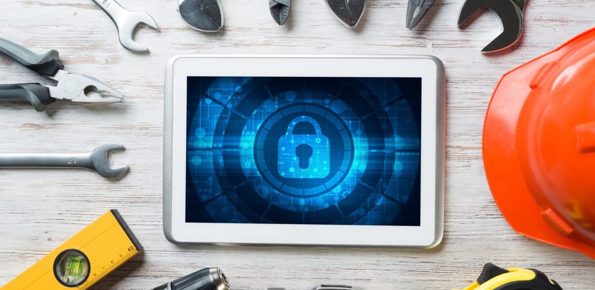 Web security and technology concept with tablet pc on wooden table